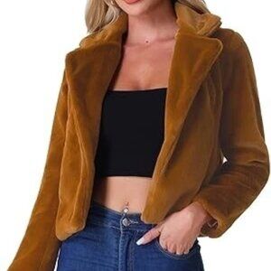 Allegra K Womens NWT Cropped Faux Fur Jacket Lapel Pockets Cardigan Shrug Size L